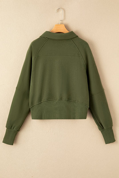 Rookgroen sweatshirt met fleecevoering, opstaande kraag en duimgatmouwen