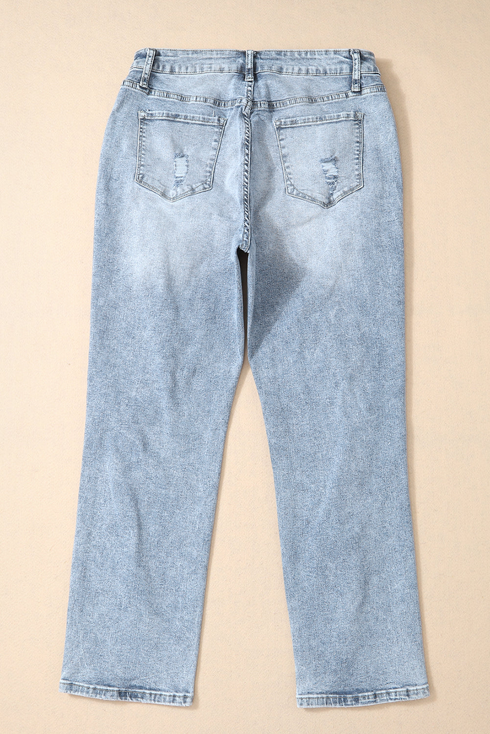 Hemelsblauwe, lichte wassing, gerafelde slim-fit jeans met hoge taille