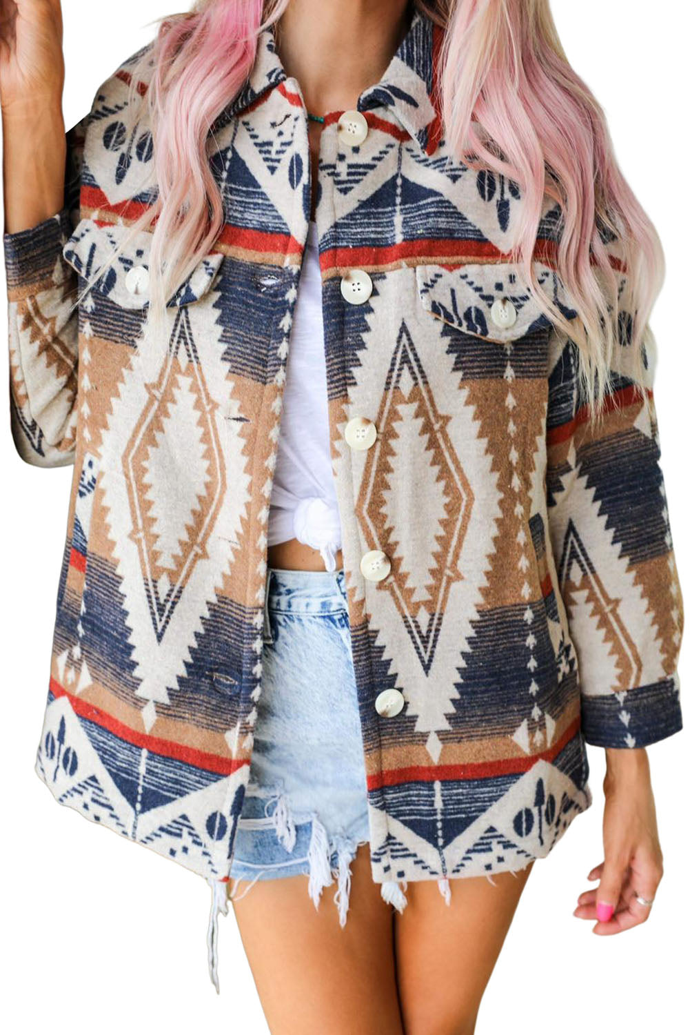 Oversized jas met veelkleurige Azteekse print en knoopjes