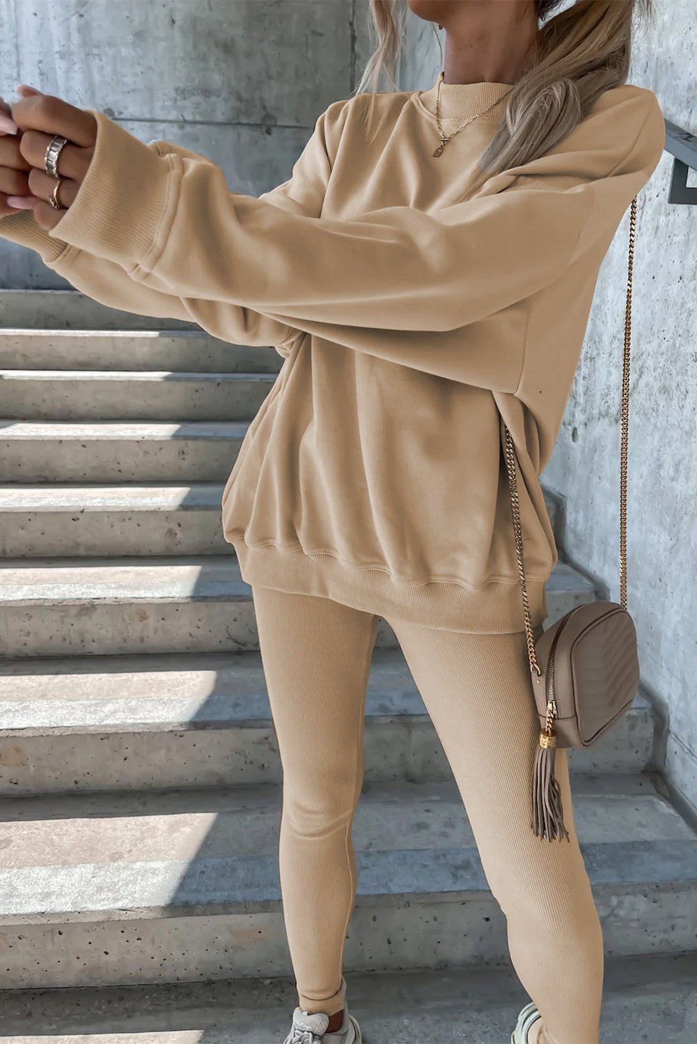 Beige effen sweatshirt en legging, tweedelige set