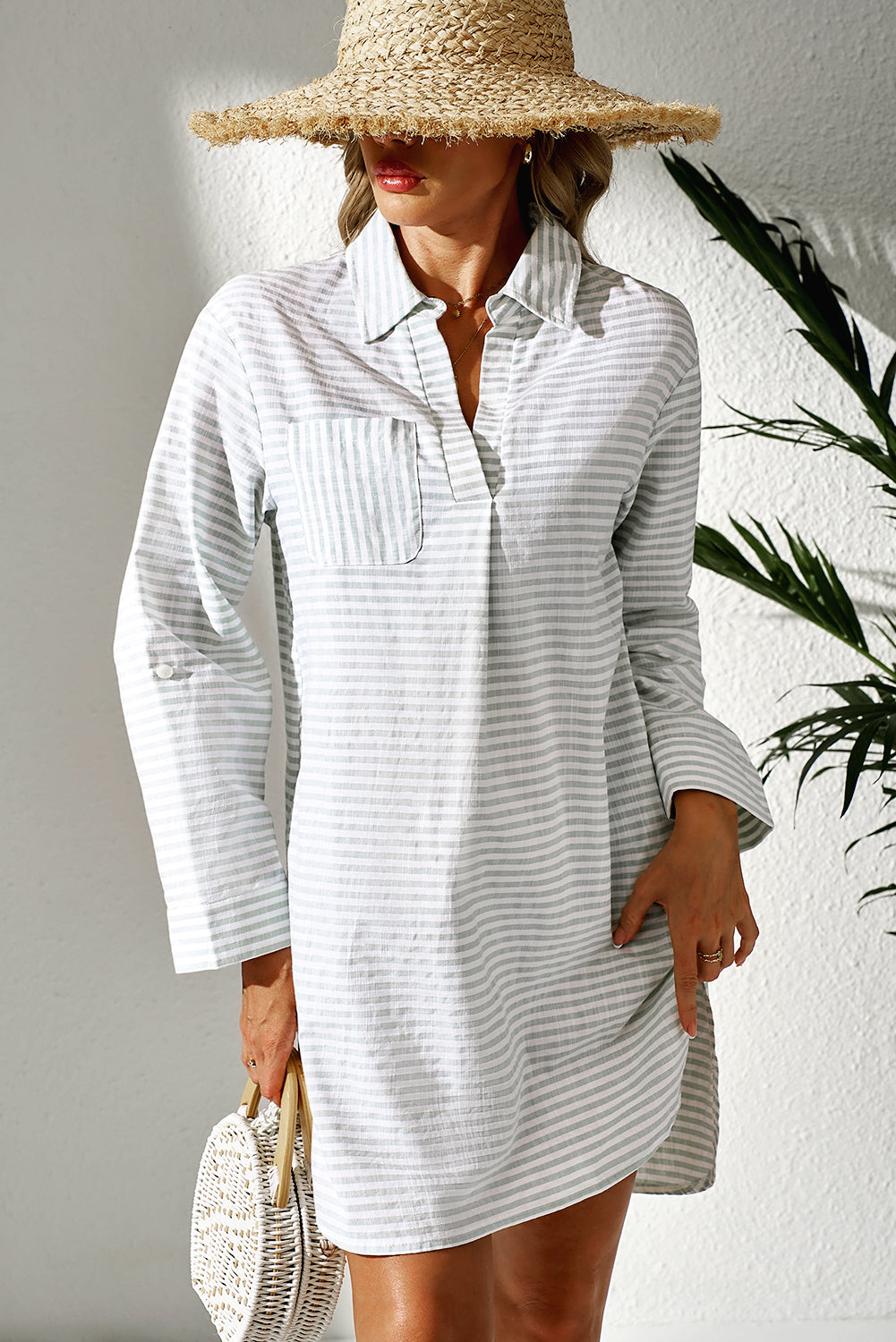 Witte streep Collared v Neck Borst Pocket Lange Mouw Beach Cover Up