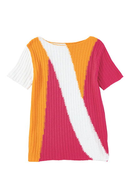 Orange Textured Knit Colorblock Short Sleeve Sweater