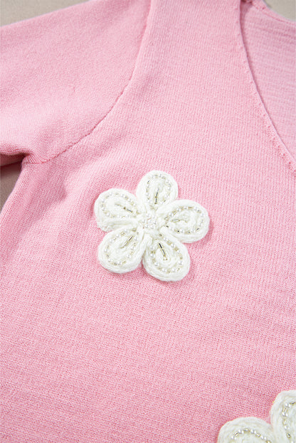 Pink Flower Crochet V Neck Short Sleeve Sweater