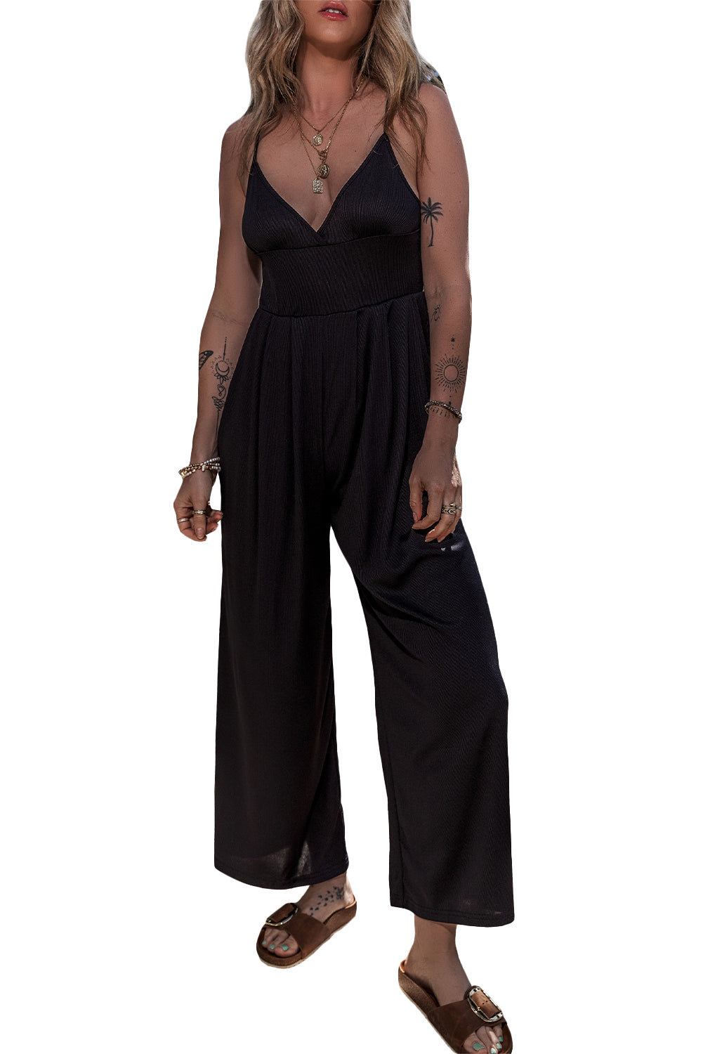 Zwarte Cami-jumpsuit met wijde pijpen, hoge taille, sexy v-hals 