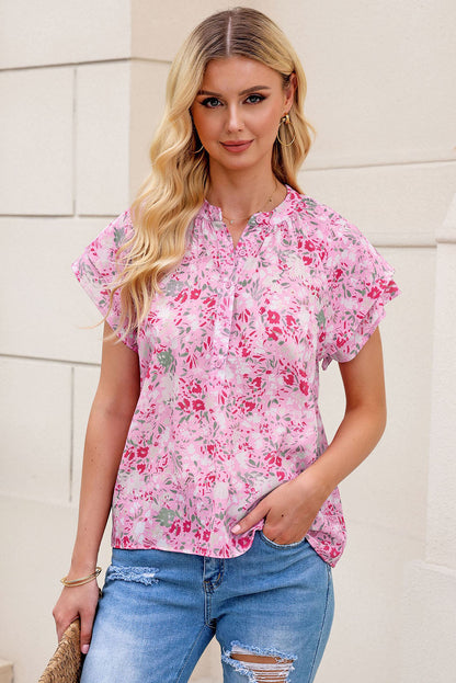 Pink Floral Mandarin Collar Top