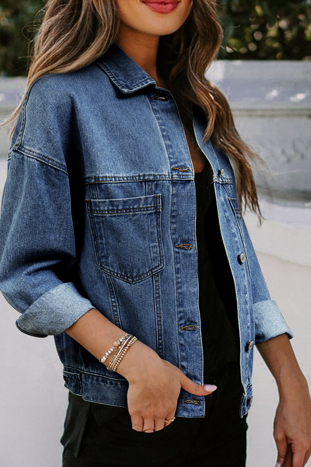 Donkerblauw gewassen oversized denim jack met zakken