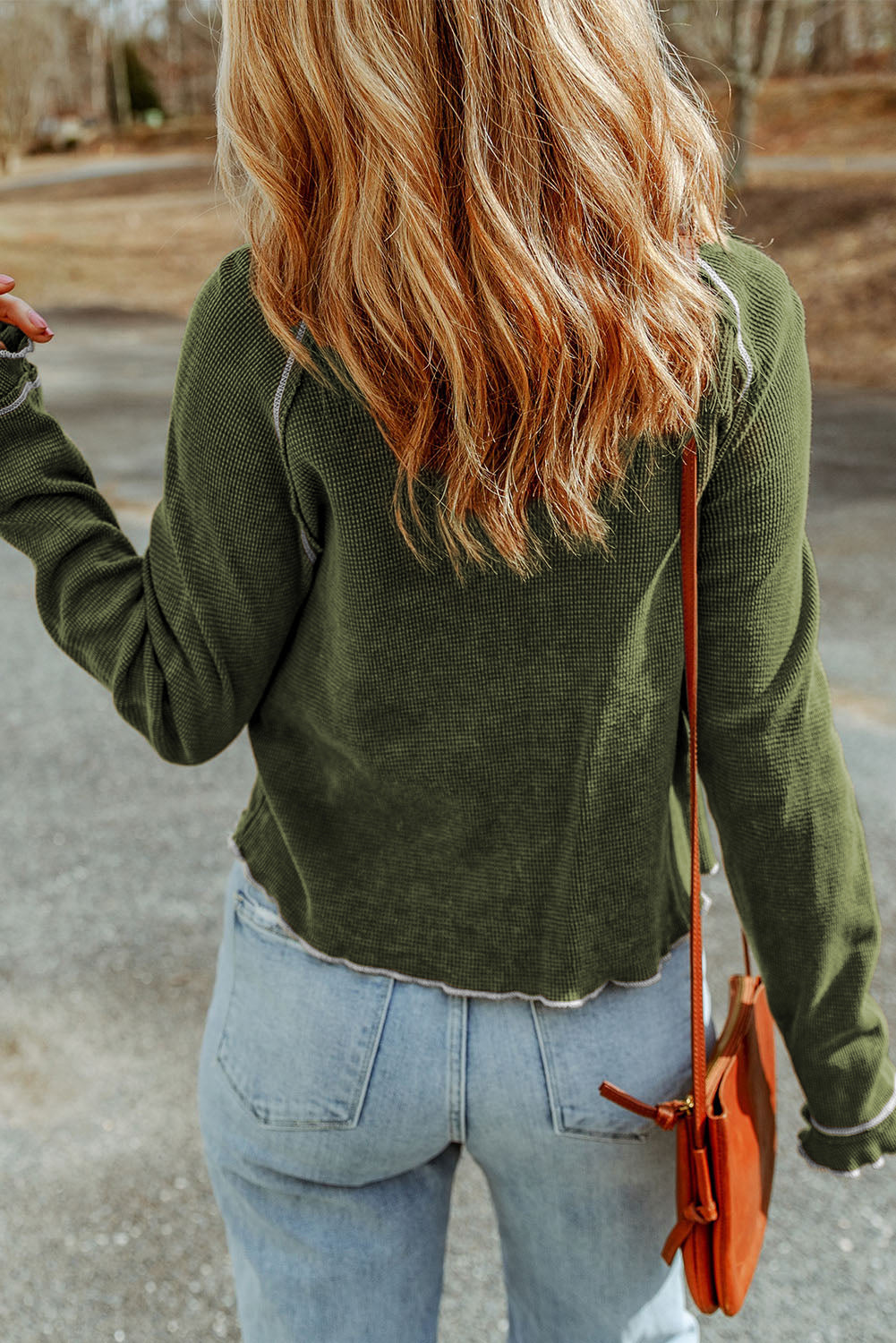 Green Textured Round Neck Long Sleeve Top