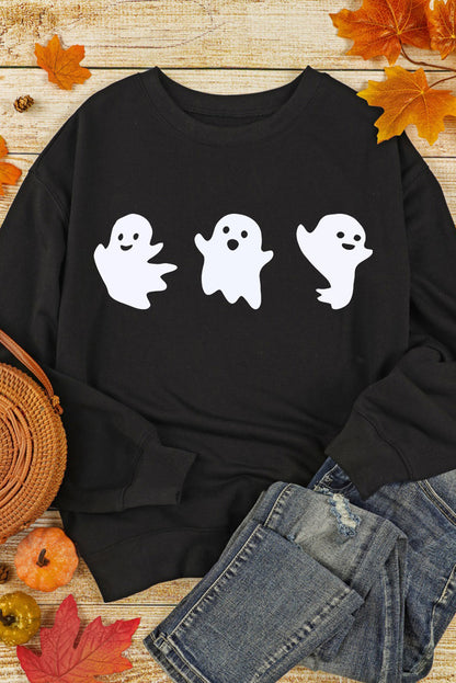 Zwarte Halloween Ghosts Print Ronde Hals Sweatshirt