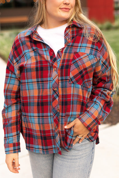 Rood plus size plaid print buttoned shirt