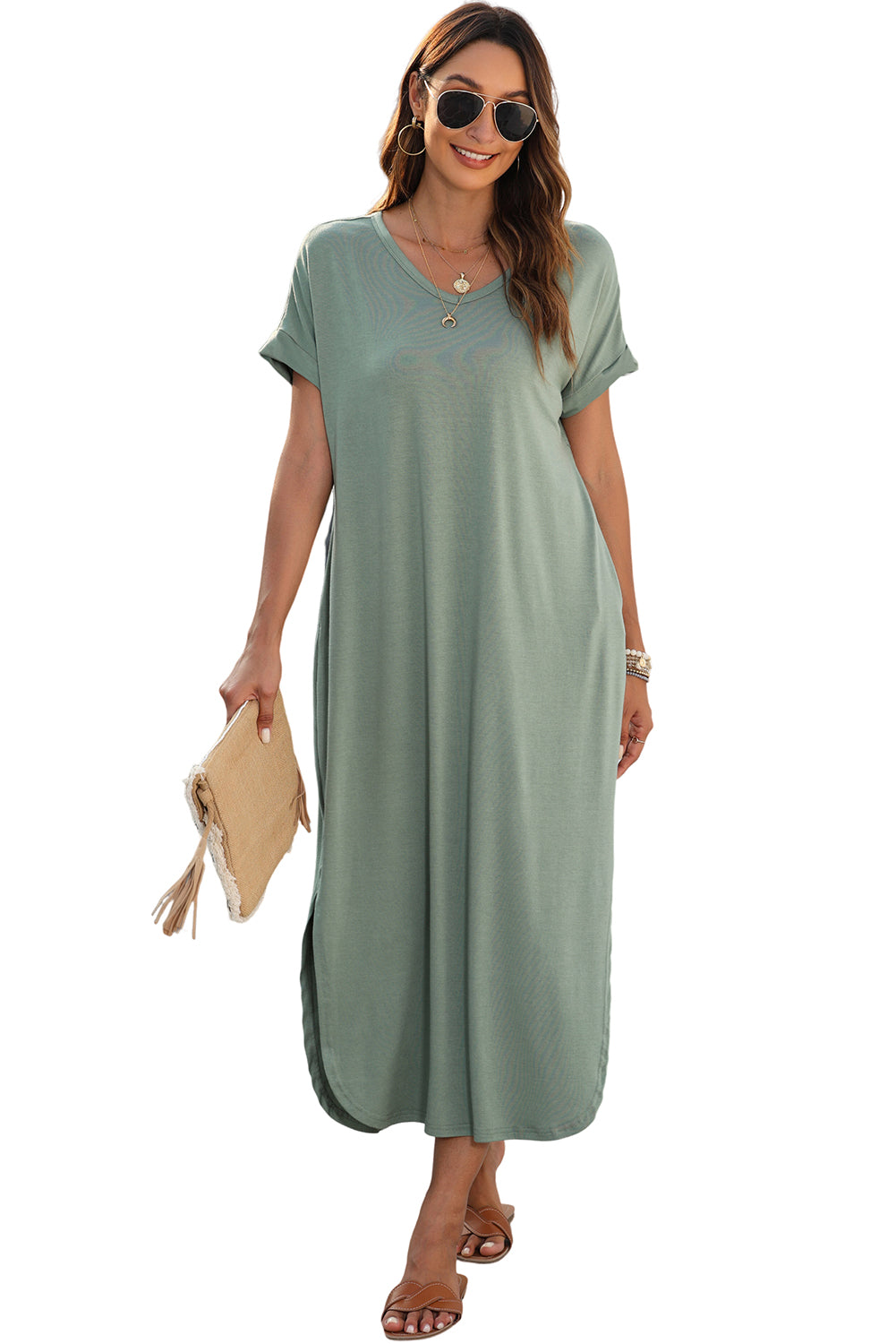 Grasgroene maxi-T-shirtjurk met V-hals en verborgen zaksplitten