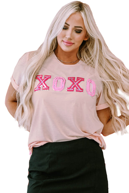 Roze Valentijnsdag glanzend XOXO grafisch T-shirt