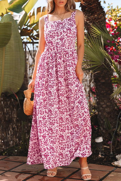 Roze bloemenuitgesneden Back Empire taille mouwloze maxi -jurk