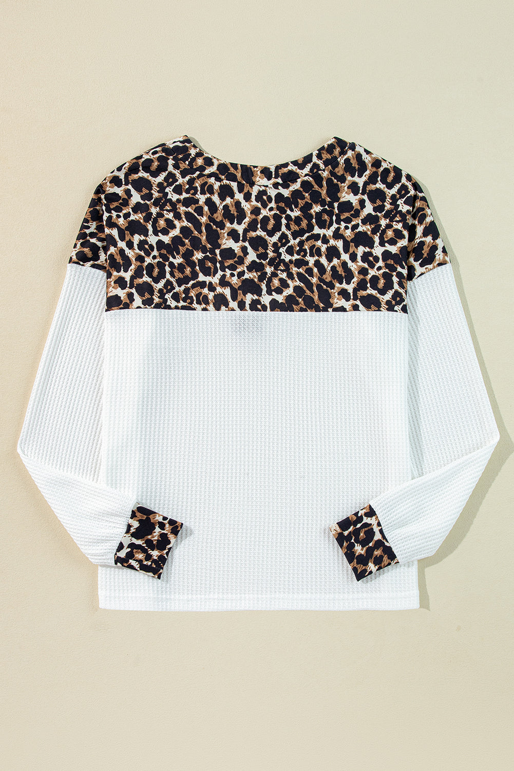 White Leopard Waffle Knit Patchwork Button V Neck Top