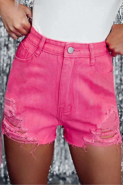 Rose Distressed slim-fit denim short met hoge taille