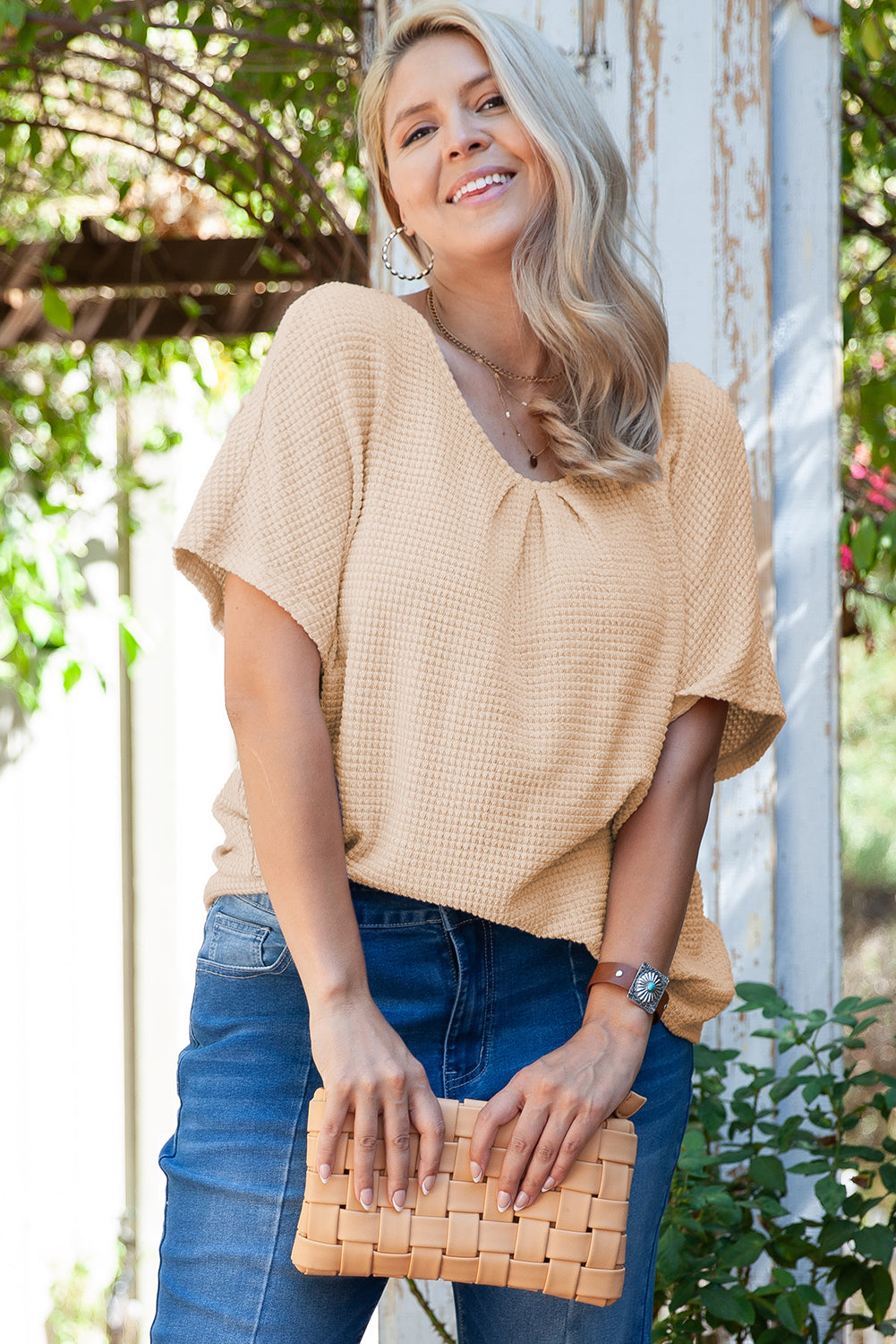 Beige Guipure Lace Insert Textured Plus Size Tee