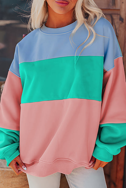 Sky Blue Colorblock Patchwork Drop Shoulder Sweatshirt