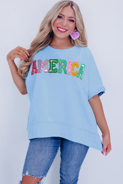 Mistblauw Sparkle America Pastel geborduurd grafisch T-shirt