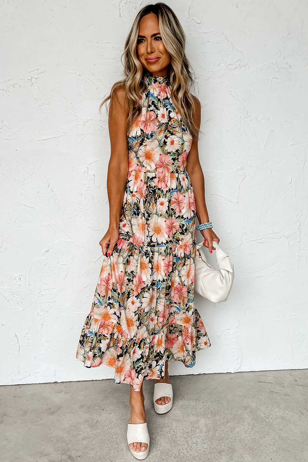 Zwarte Boho bloemenprint geknoopte halter maxi-jurk met ruches