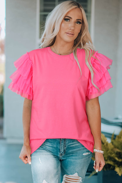 Roze tule blouse met ruches aan de mouwen