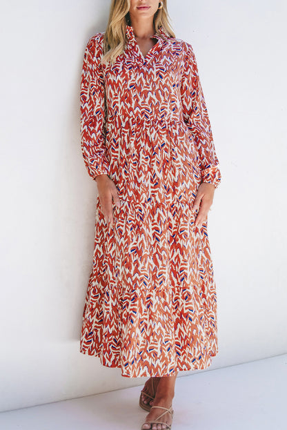 Oranje midi-jurk met abstracte print en V-hals, geplooide hoge taille