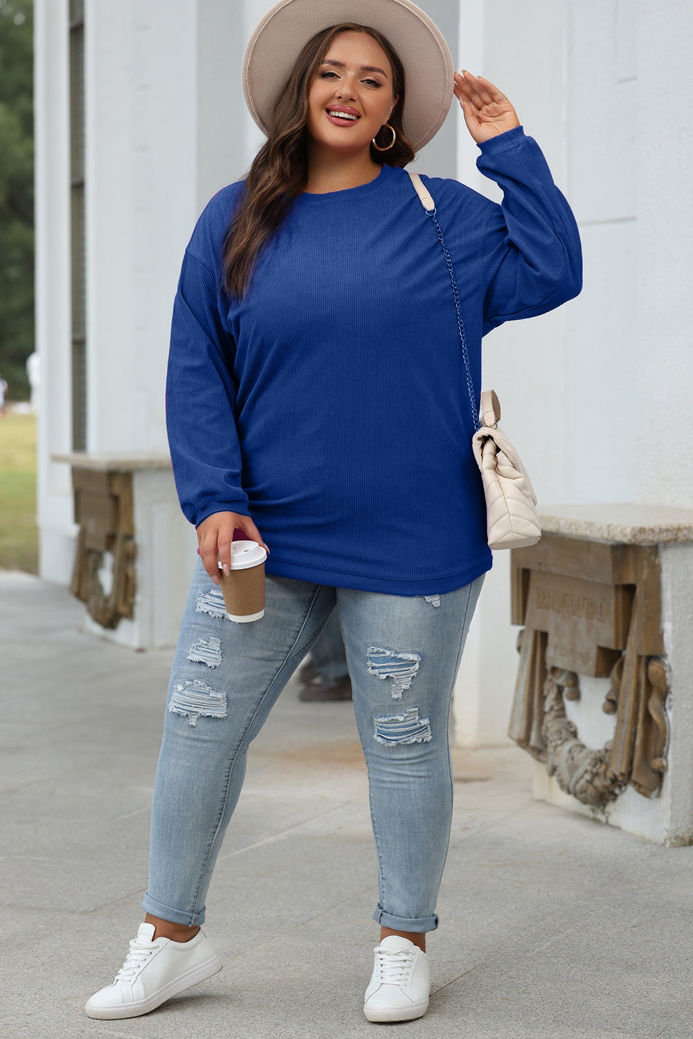 Dark Blue Ribbed Corduroy Oversized Sweatshirt