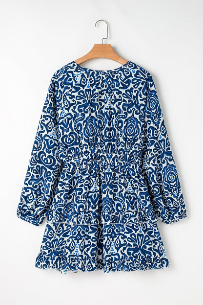 Blauwe vintage print veter V-hals lange mouw mini-jurk