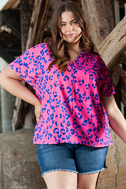 Roze contrasterende luipaardprint plus maat blouse met V-hals