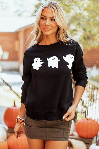 Zwarte Halloween Ghosts Print Ronde Hals Sweatshirt