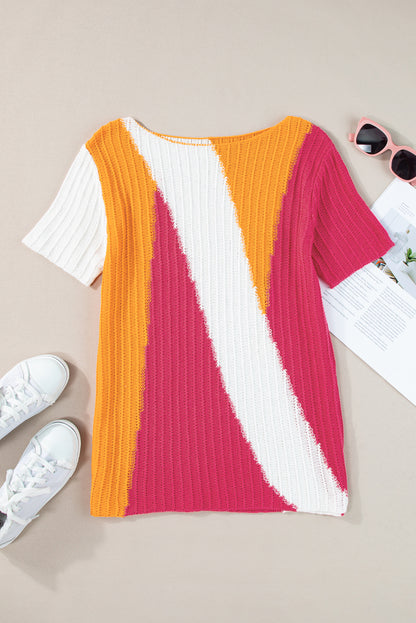 Orange Textured Knit Colorblock Short Sleeve Sweater