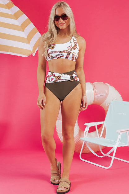 Khaki Abstract Print One Shoulder Ring Linked High Waist Bikini