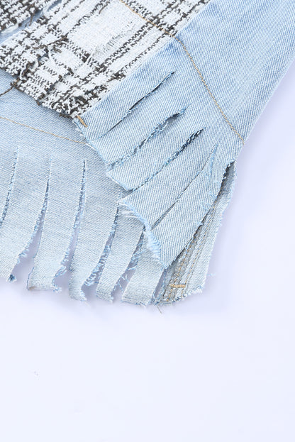 Hemelsblauw geruit patchwork denim jasje met franjes en klepzakken