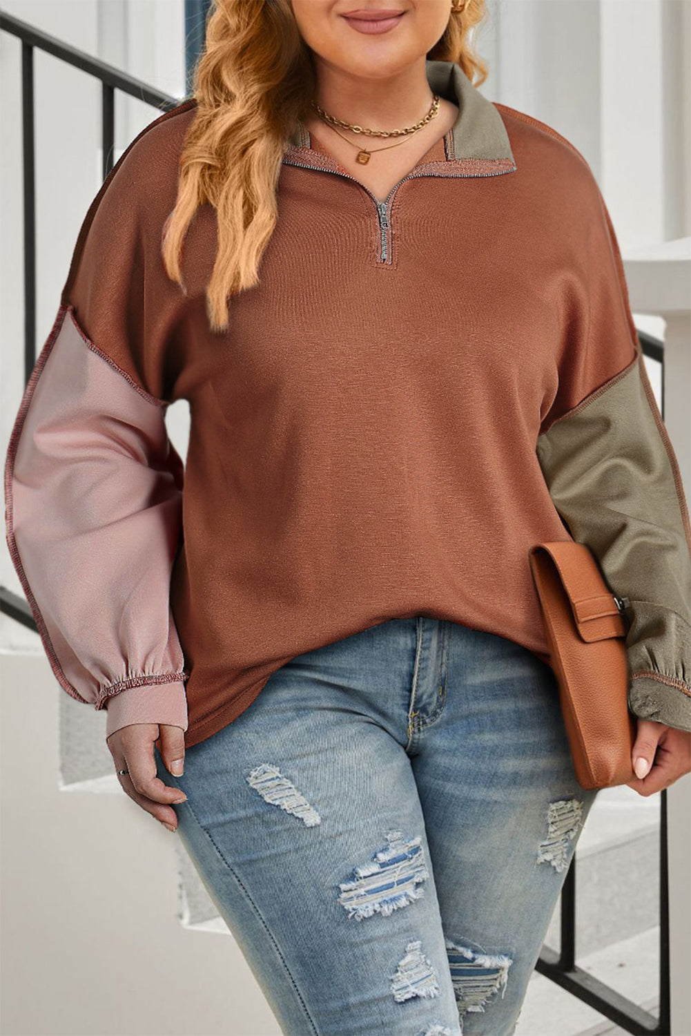 Gouden Vlam Plus Size Colorblock Sweatshirt met zichtbare naad en kwartrits