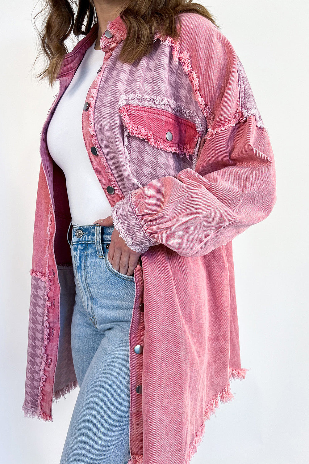 Roze retro denim jack met pied-de-poule patchwork