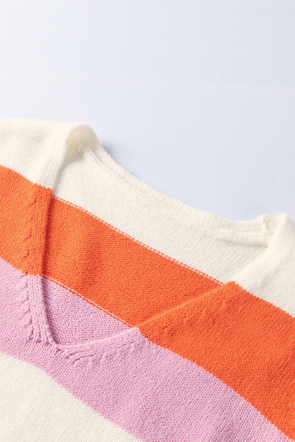 Orange Stripe Colorblock V Neck Casual Sweater