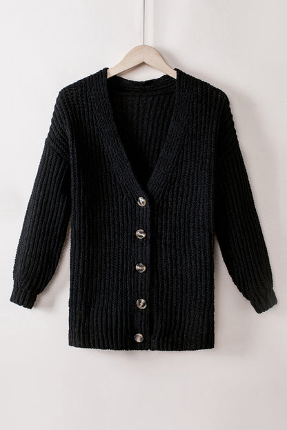 Black Buttoned Front Drop Shoulder Knitted Cardigan