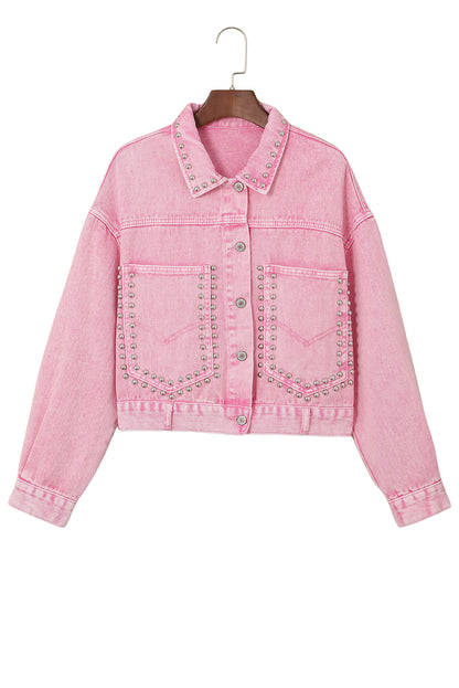 Roze denim jack met klinknagels en studs