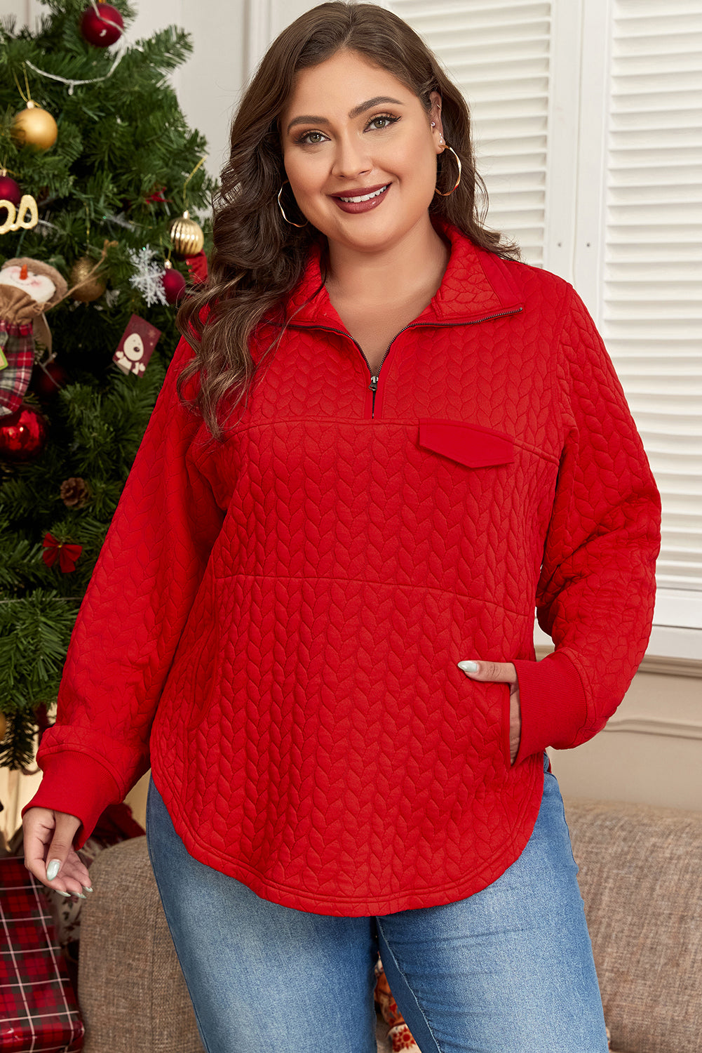 Tomatenrode kabel textuur kwartier zip zak met plus size pullover