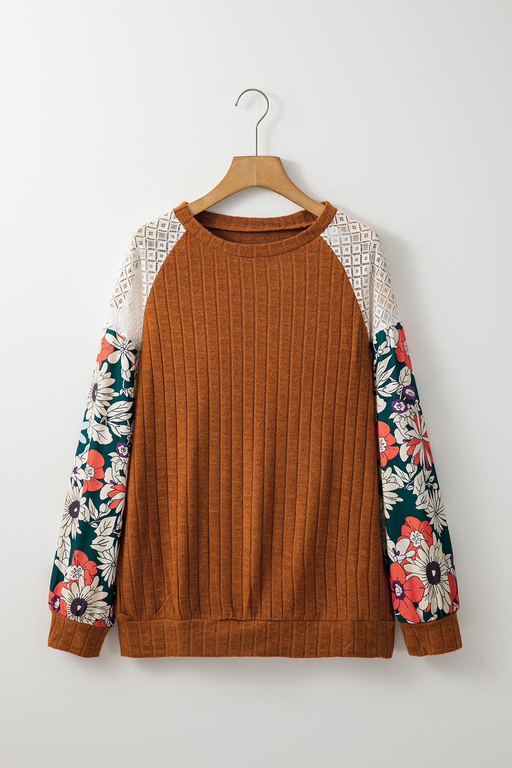 Parchment Floral Patchwork Long Sleeve Ribbed Blouse