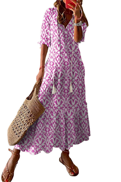 Roze casual maxi-jurk met geometrische print en V-hals