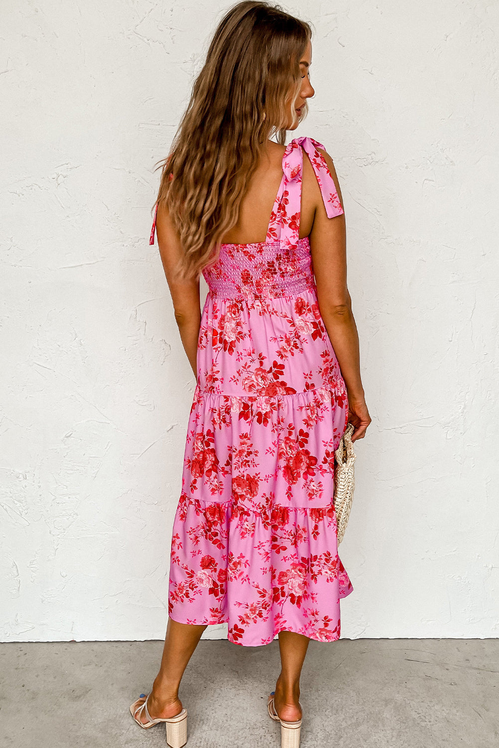 Pink Tie Shoulder Straps Tiered Floral Dress