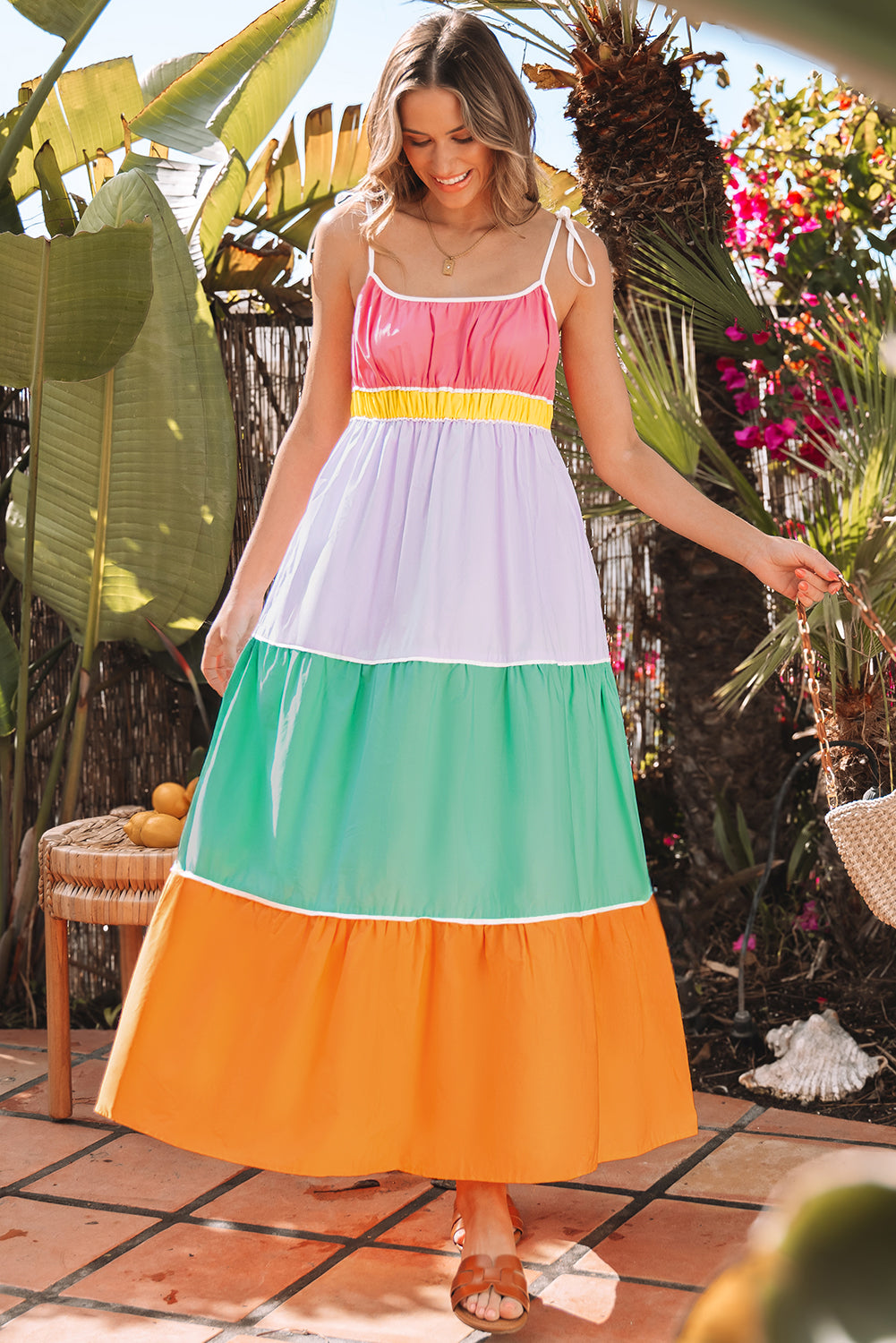 Multicolour colorblock zelfblokken riemen hoge taille flowy maxi-jurk met zakken