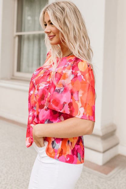 Vurige rode blouse met bloemenprint en wijde mouwen