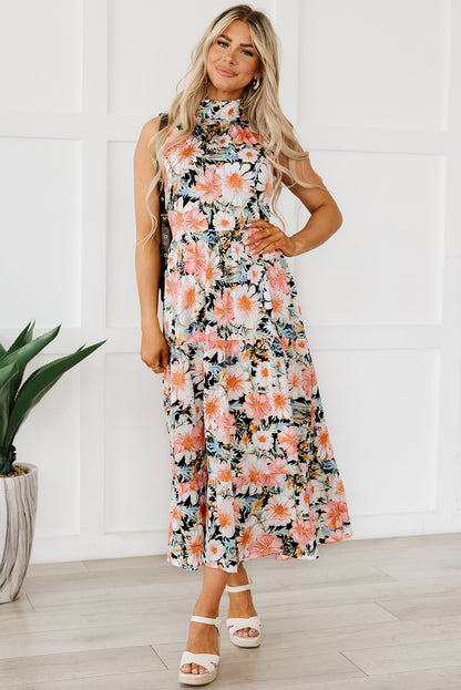 Zwarte Boho bloemenprint geknoopte halter maxi-jurk met ruches