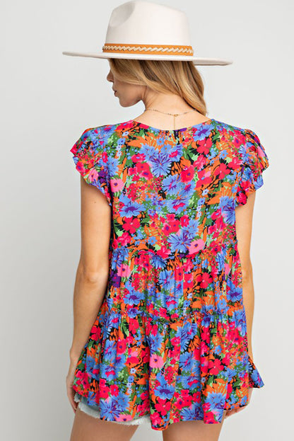 Multicolor Floral Print Ruffle Tiered Short Sleeve Babydoll Top