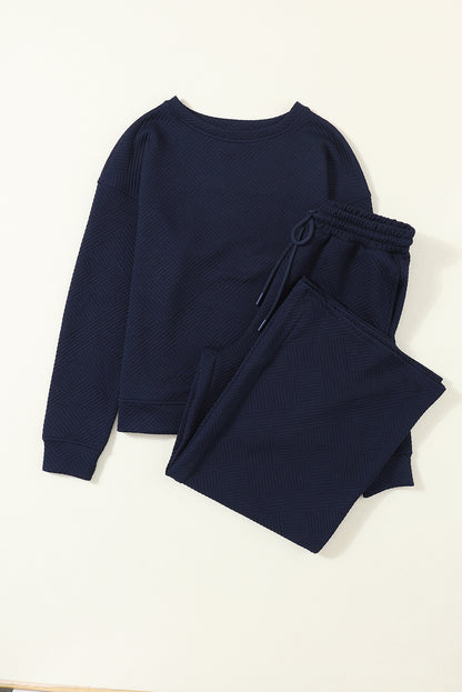 Marineblauwe ultra losse getextureerde 2-delige slouchy outfit