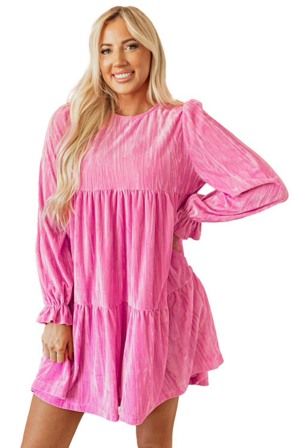 Strawberry Pink Flounce Sleeve Tiered Ruffled Velvet Mini Dress