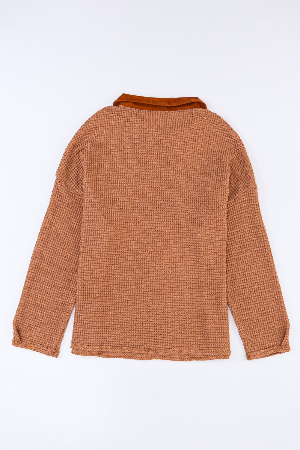 Brown Waffle Knit Button Contrast Trim Long Sleeve Top