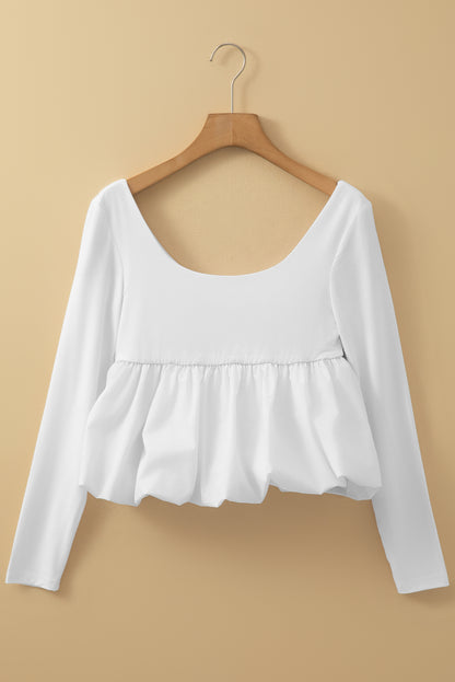 White U Neck Long Sleeve Bubble Hem Top