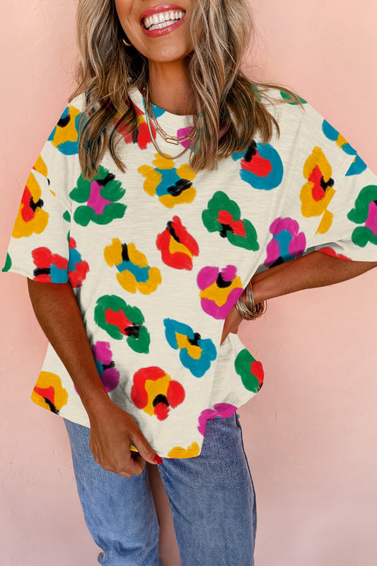 Abrikoos luipaard oversized T-shirt met verlaagde schouder