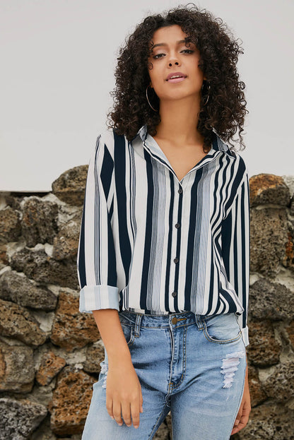 White Navy Striped Modern Women Shirt